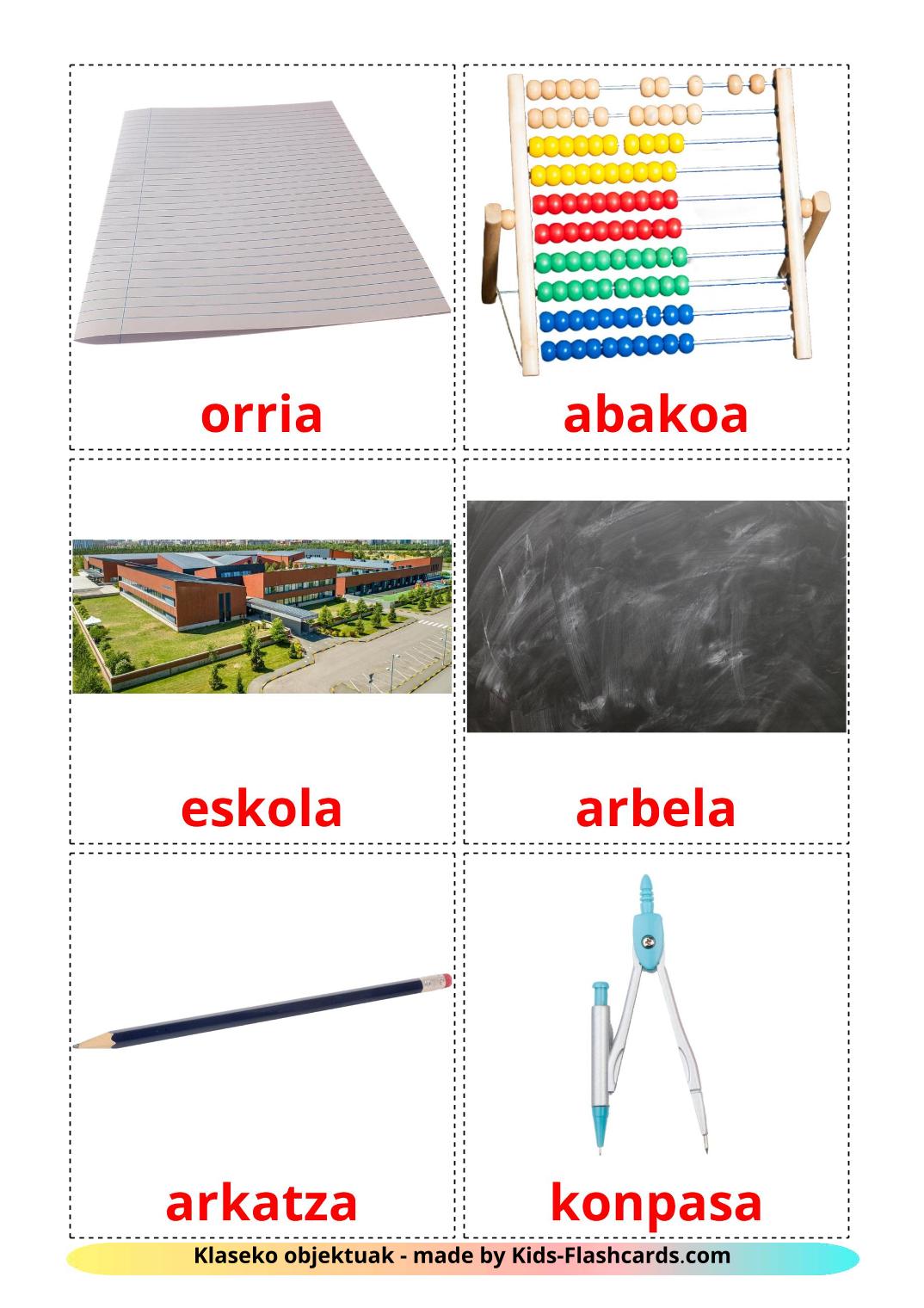 Oggetti scolastici - 36 flashcards basco stampabili gratuitamente