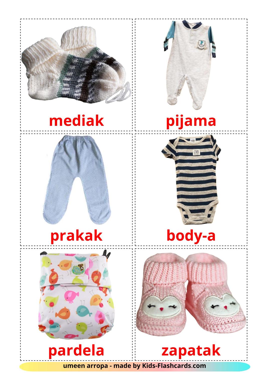 Baby clothes - 11 Free Printable basque Flashcards 