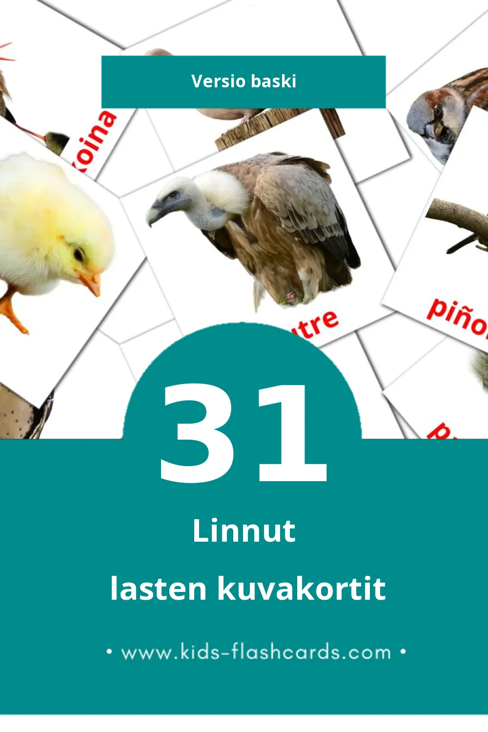 Hegaztiak lasten kuvakortit pikkulapsille (31 korttia Baskiksi)