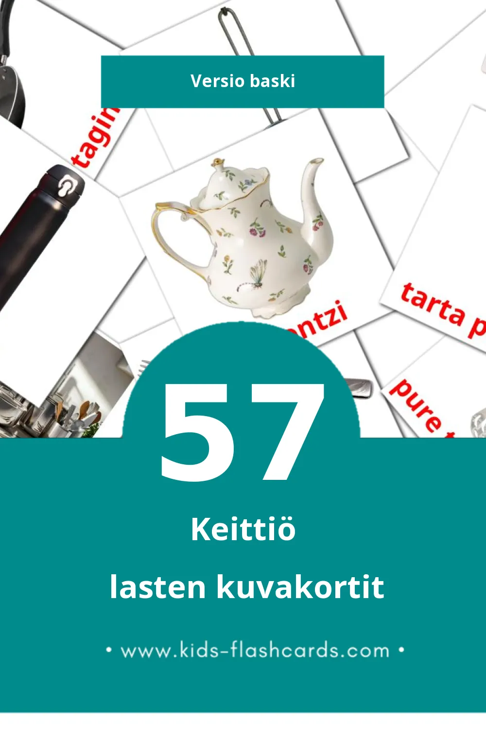сuisine lasten kuvakortit pikkulapsille (57 korttia Baskiksi)