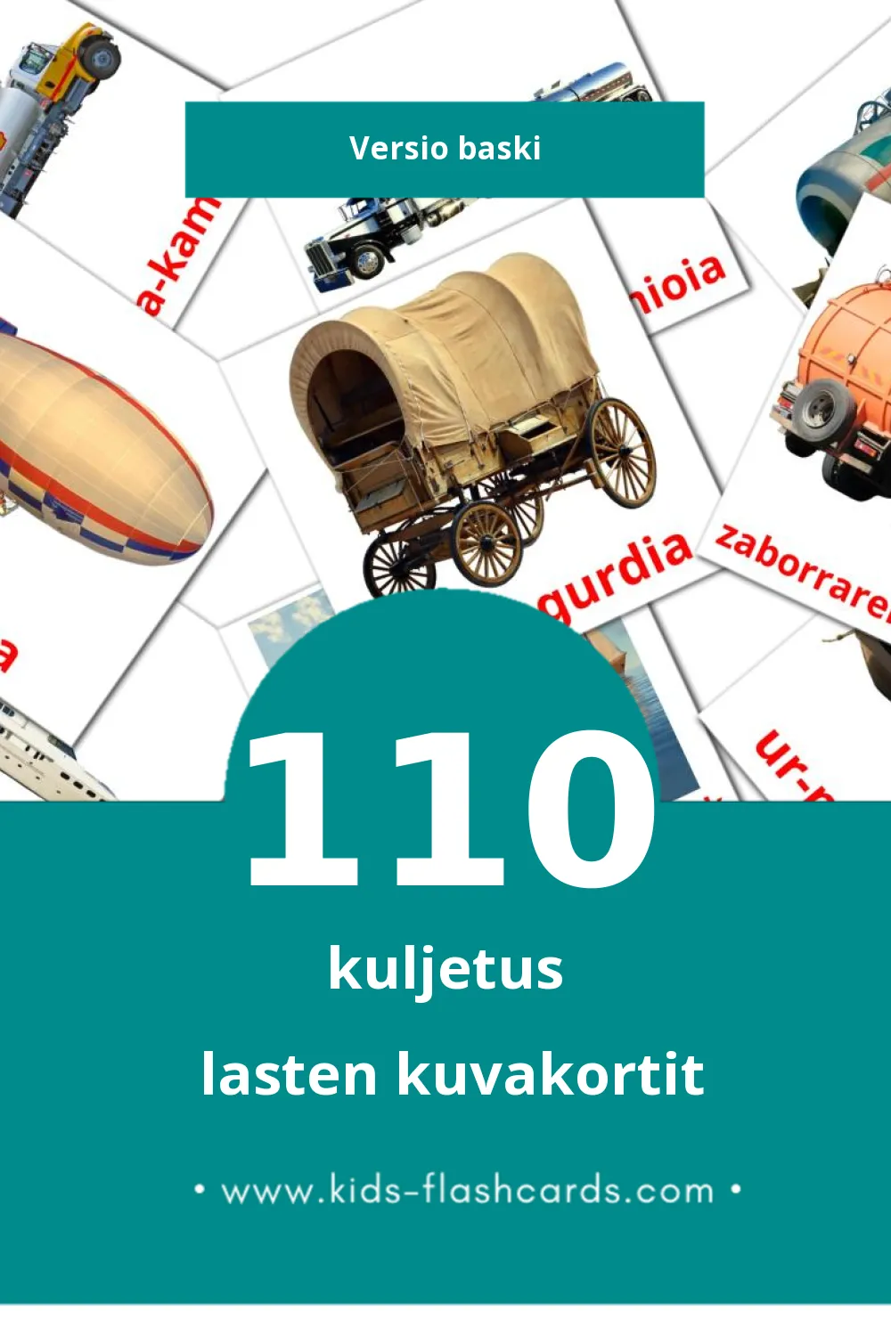 Garraiobideak lasten kuvakortit pikkulapsille (110 korttia Baskiksi)