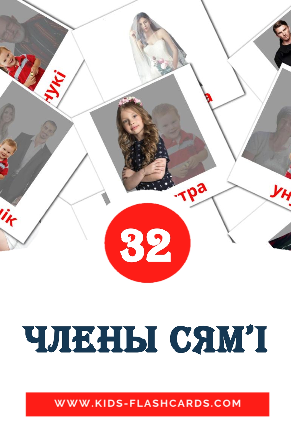 32 cartes illustrées de Члены сям'і pour la maternelle en biélorusse