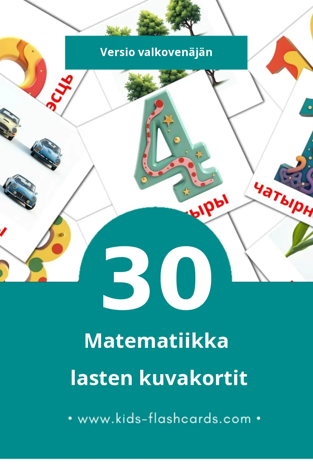 Matemáticas lasten kuvakortit pikkulapsille (30 korttia Valkovenäjänksi)