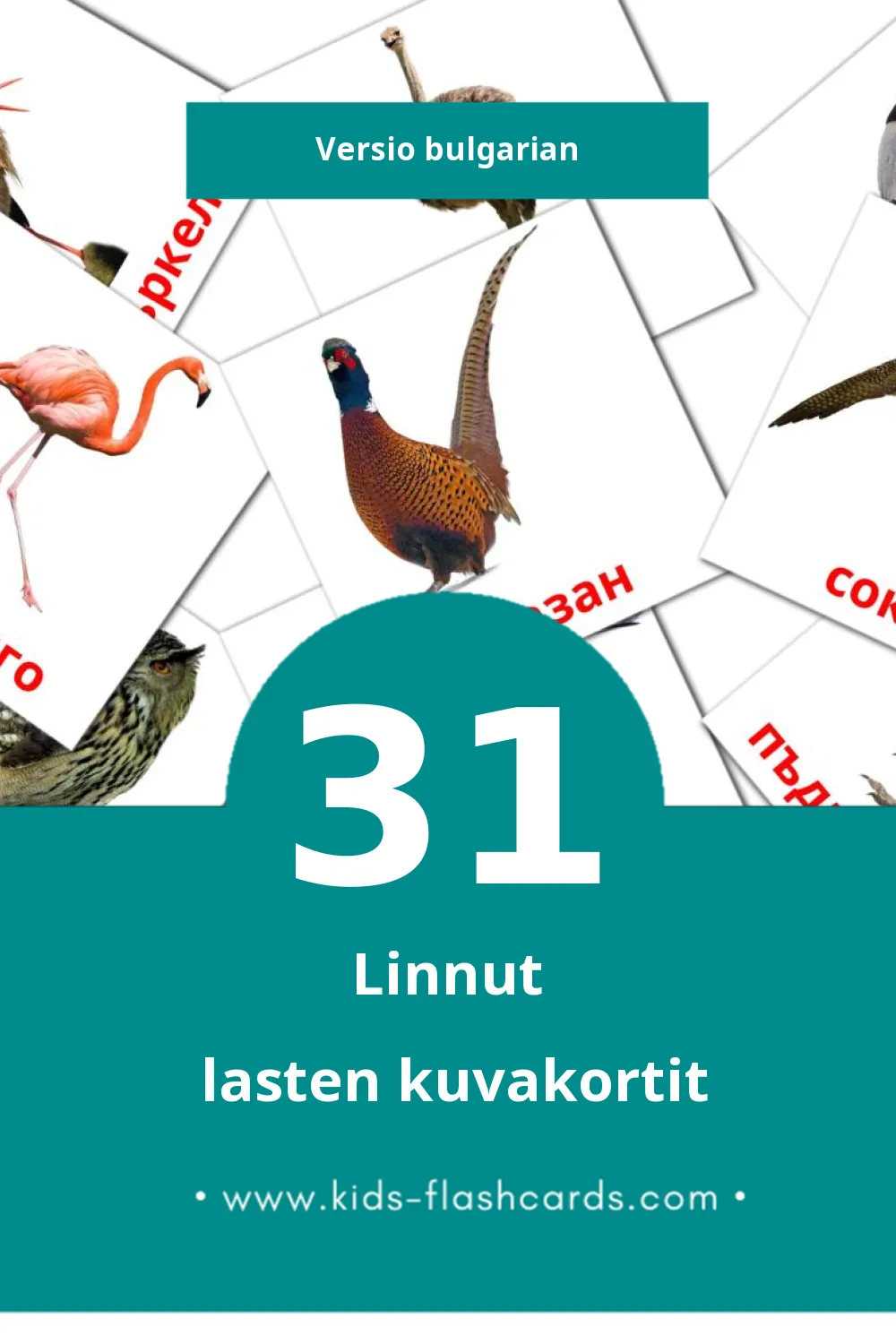 Птици lasten kuvakortit pikkulapsille (31 korttia Bulgarianksi)