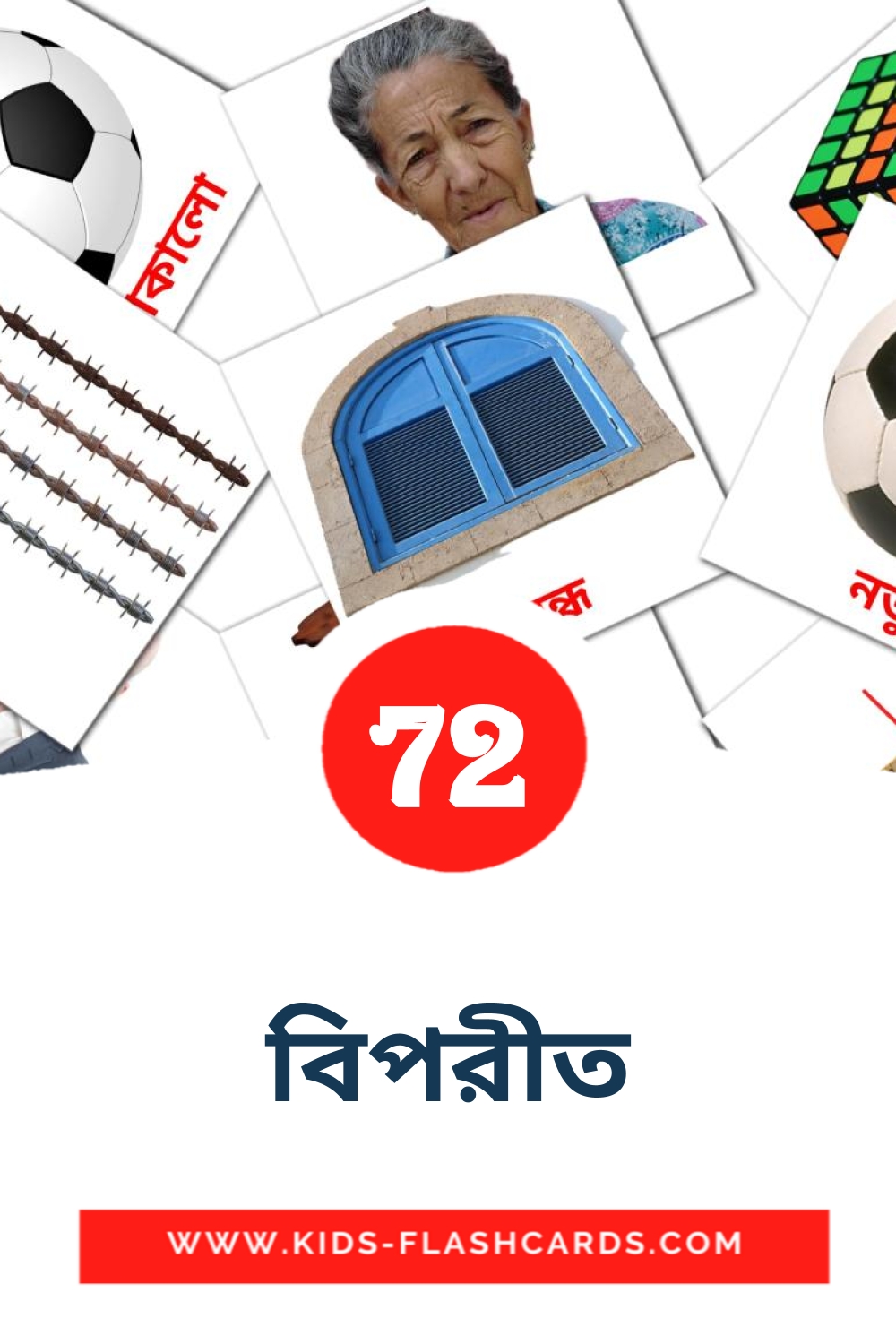 72 cartes illustrées de বিপরীত pour la maternelle en bengali