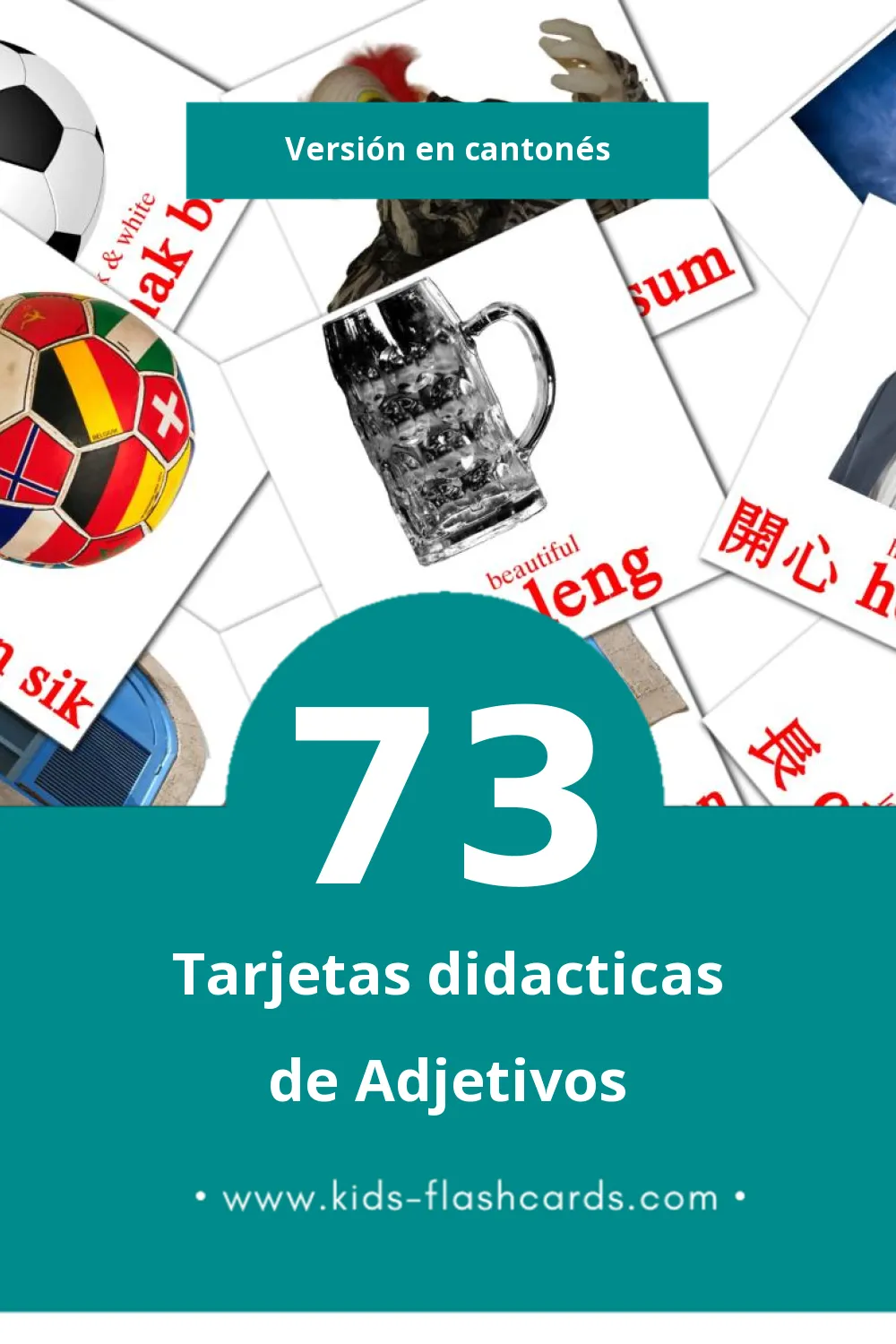 Tarjetas visuales de 形容詞 JING CHUNG YU para niños pequeños (73 tarjetas en Cantonés)