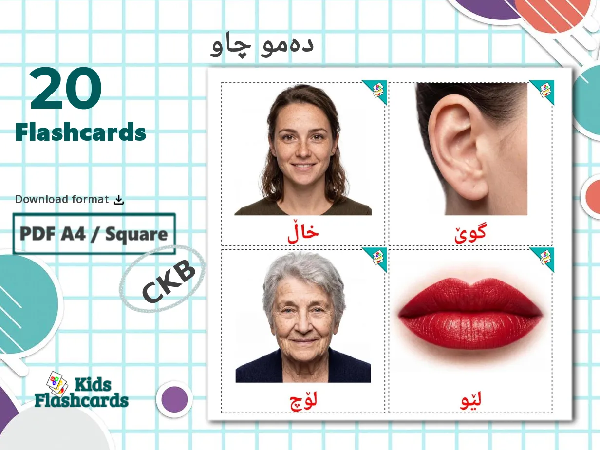 20 Printable Face Flashcards in Kurdish(sorani) (Free PDF)