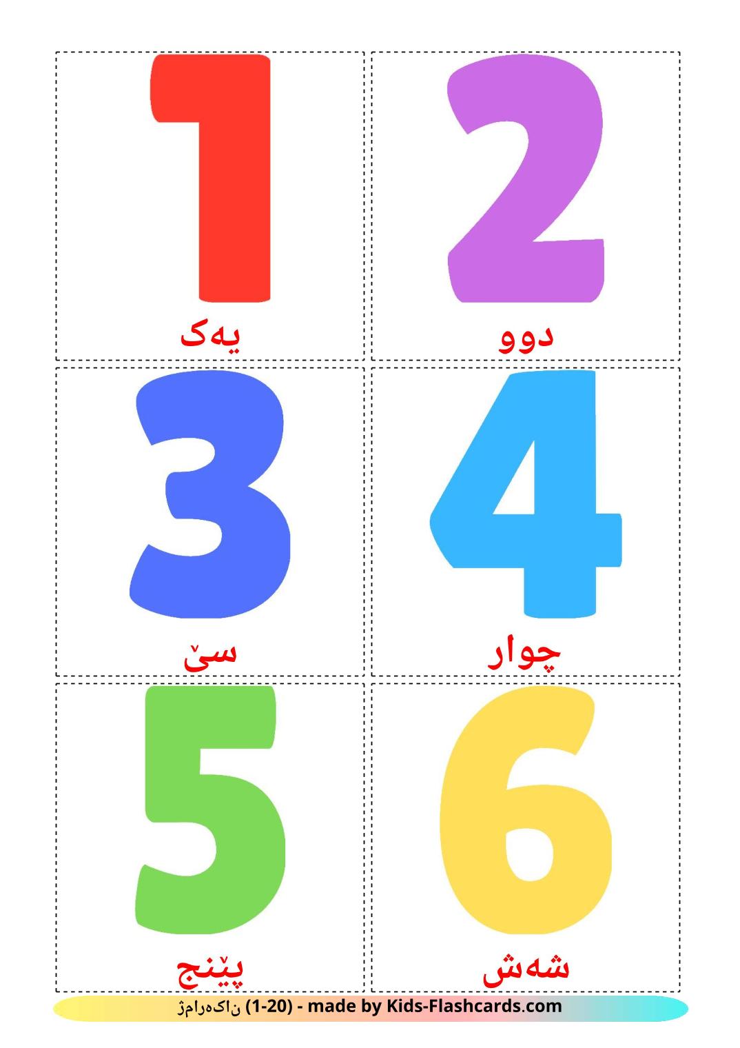 Numbers (1-20) - 20 Free Printable kurdish(sorani) Flashcards 