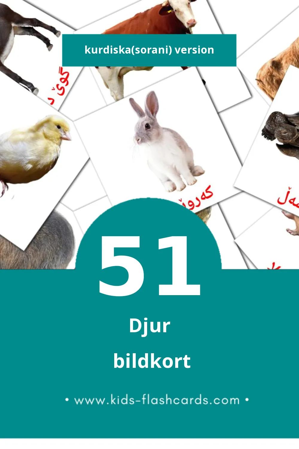 Visuella ئاژەڵەکان  för småbarn (51 bildkort för barn på Kurdiska(sorani))