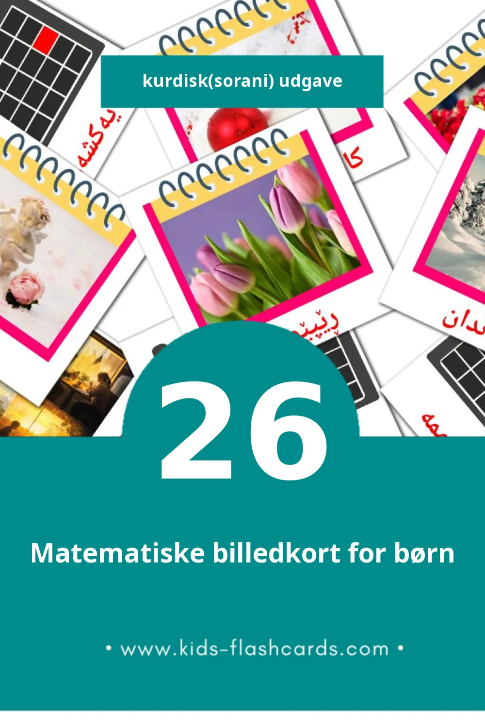 Visuelle billedkort for børn om ڕۆژمێر til småbørn (26 kort på Kurdisk(sorani))