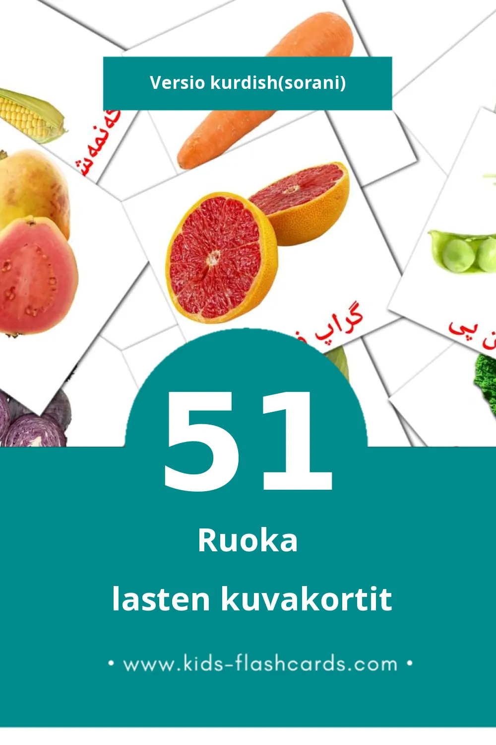 خواردن lasten kuvakortit pikkulapsille (51 korttia Kurdishksi(sorani))