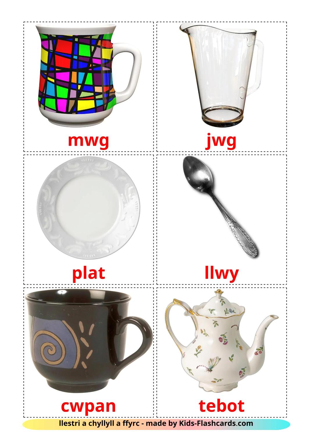 Crockery and cutlery - 26 Cartes de vocabulaire welsh imprimables gratuitement