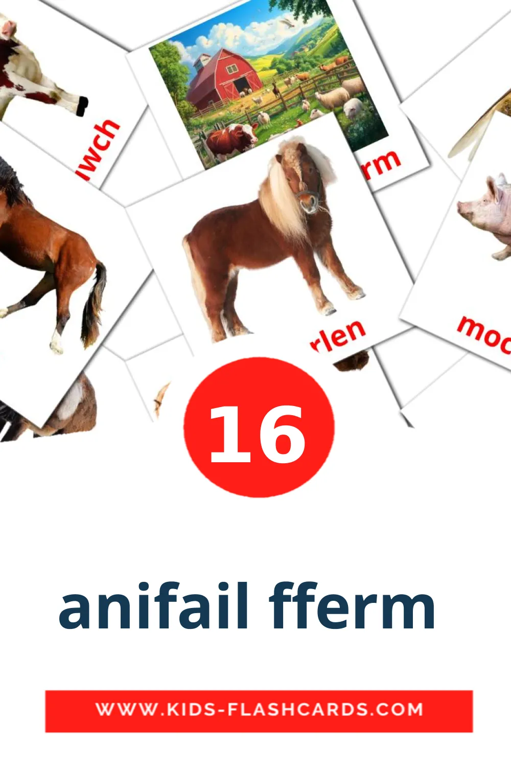 16 carte illustrate di anifail fferm  per la scuola materna in gallese