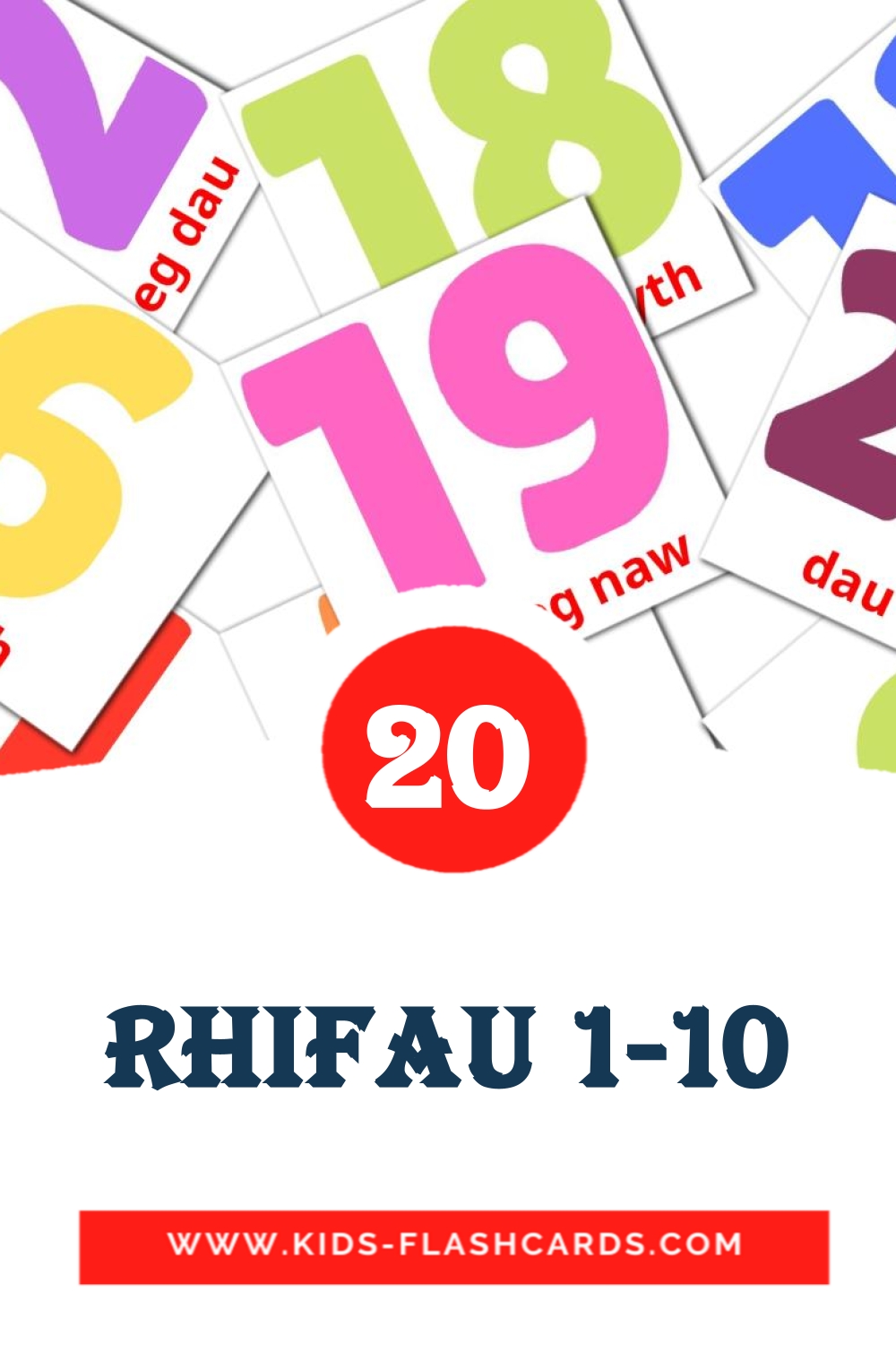20 Cartões com Imagens de Rhifau 1-10 para Jardim de Infância em welsh