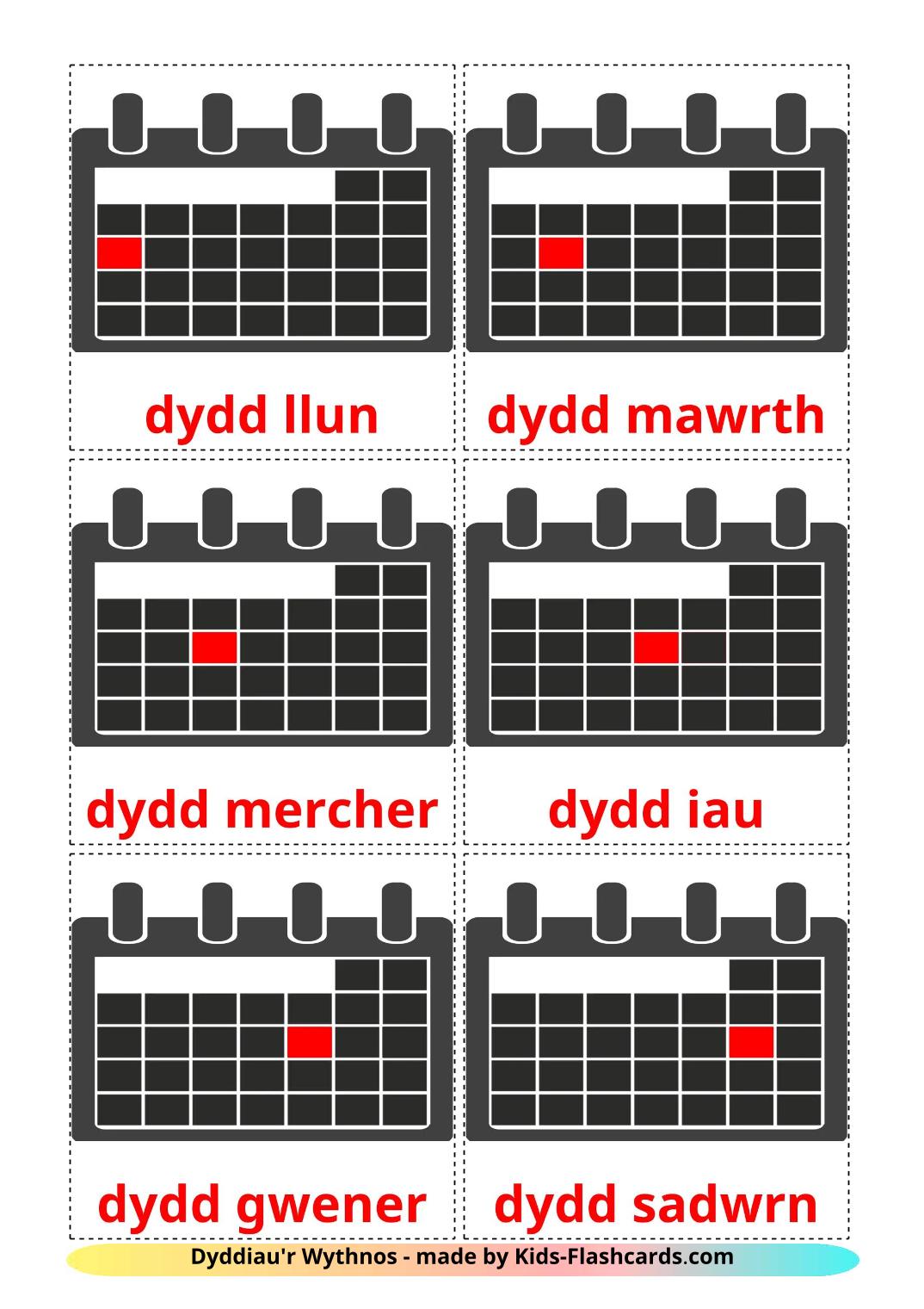 Days of Week - 13 Free Printable welsh Flashcards 