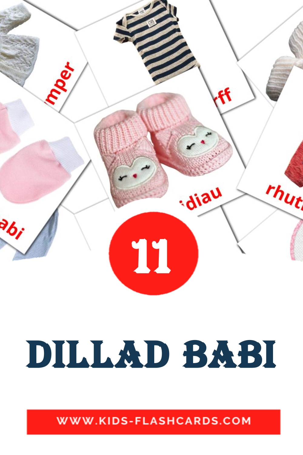 11 carte illustrate di Dillad babi per la scuola materna in gallese