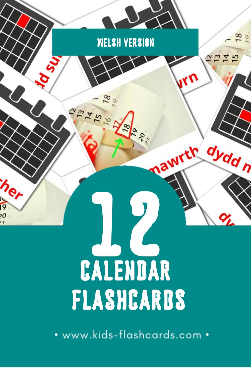 Visual Calendr Flashcards for Toddlers (12 cards in Welsh)