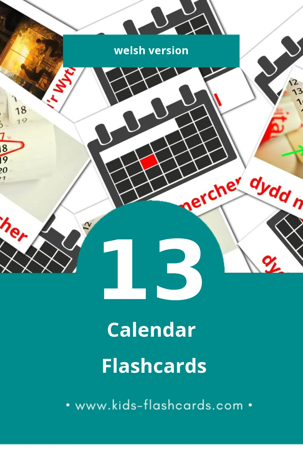 Visual Calendr Flashcards for Toddlers (13 cards in Welsh)