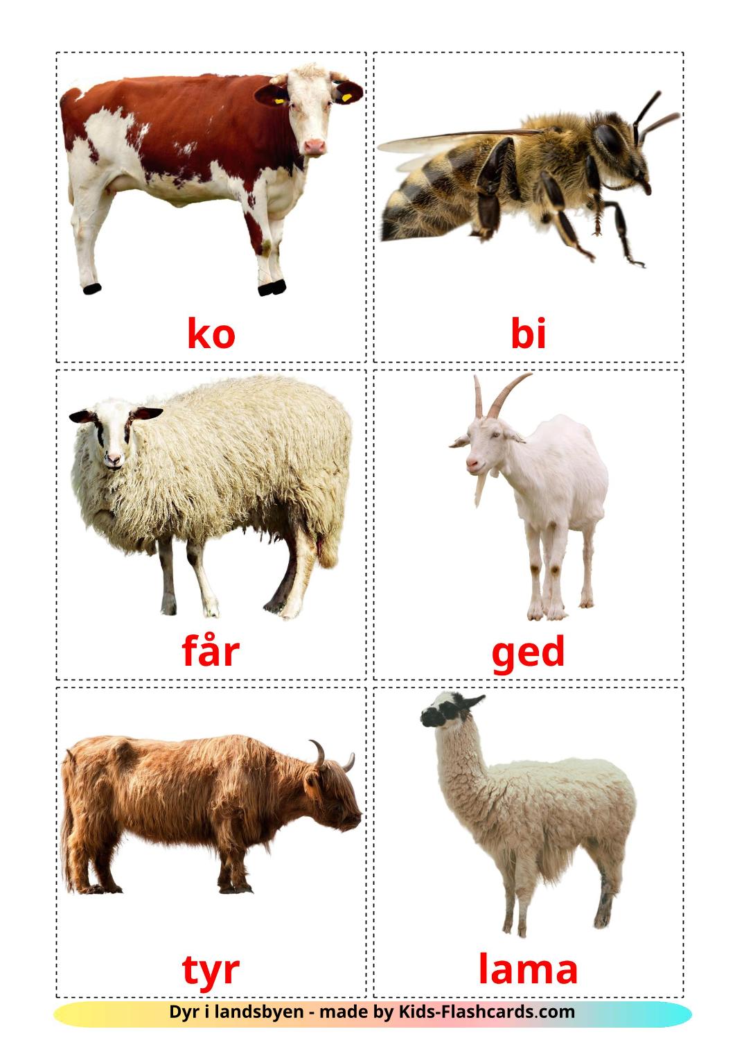 Farm animals - 15 Free Printable dansk Flashcards 
