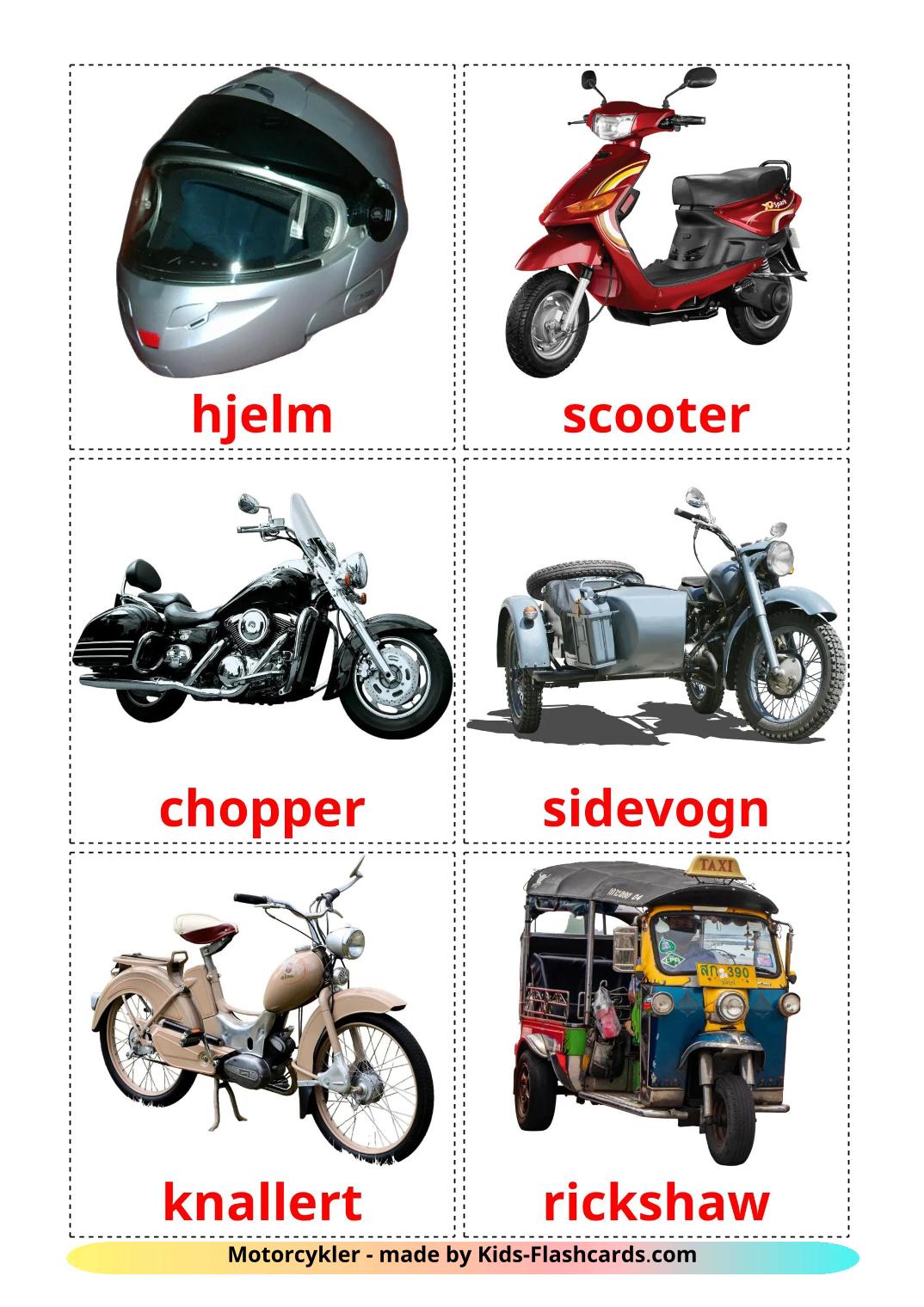 Motorräder - 13 kostenlose, druckbare Dansk Flashcards 