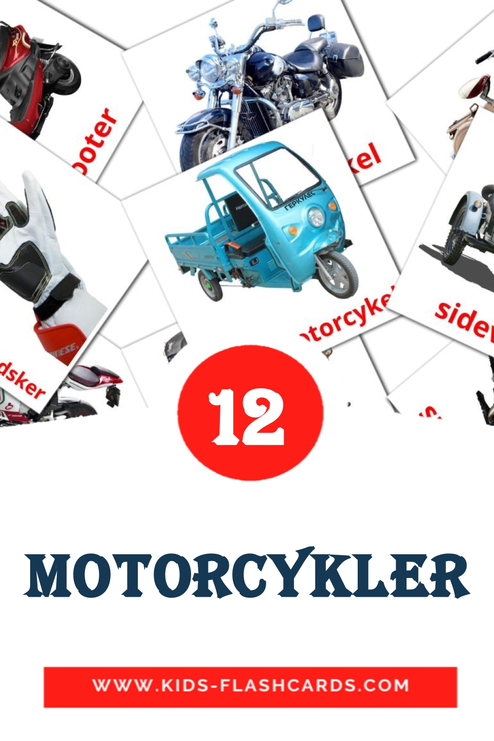 14 tarjetas didacticas de Motorcykler para el jardín de infancia en dansk