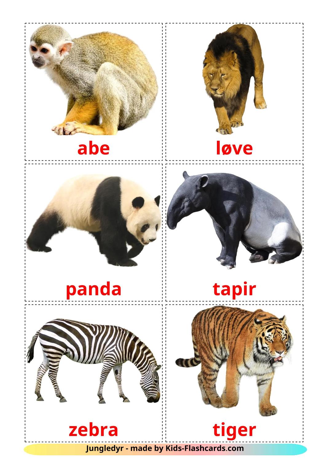 Animais da Selva - 22 Flashcards danskes gratuitos para impressão