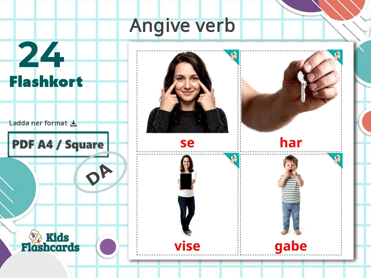 Angive 24 GRATIS Statliga verb bildkort i 4 PDF-format | Dansk bilder
