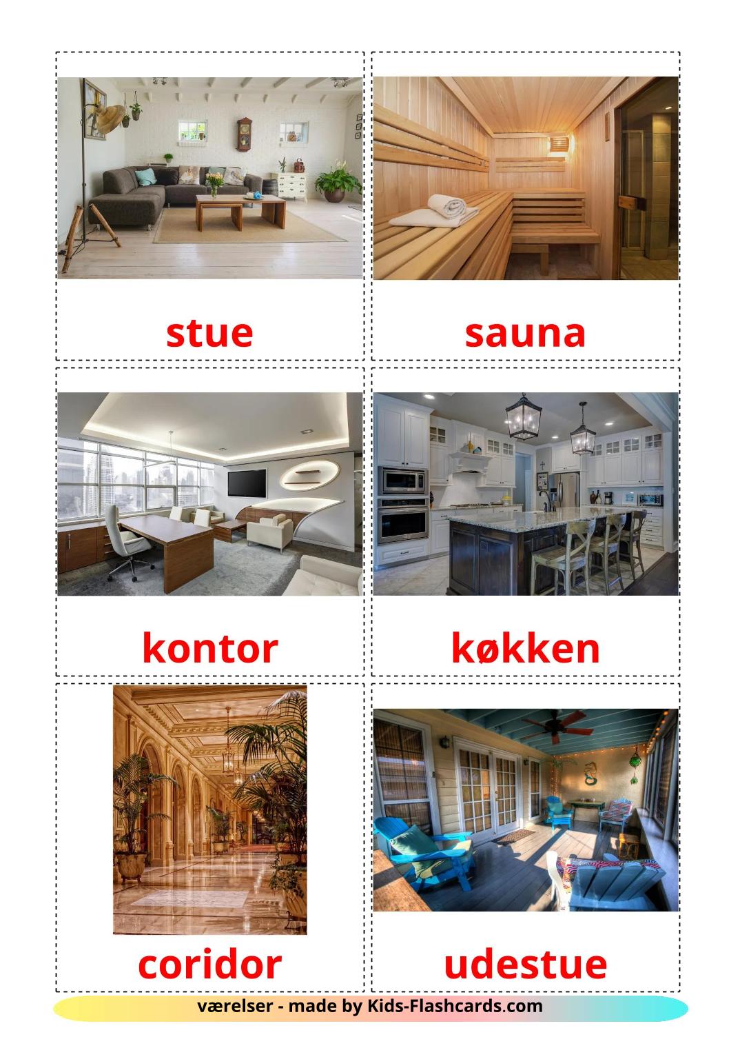 Rooms - 18 Free Printable dansk Flashcards 