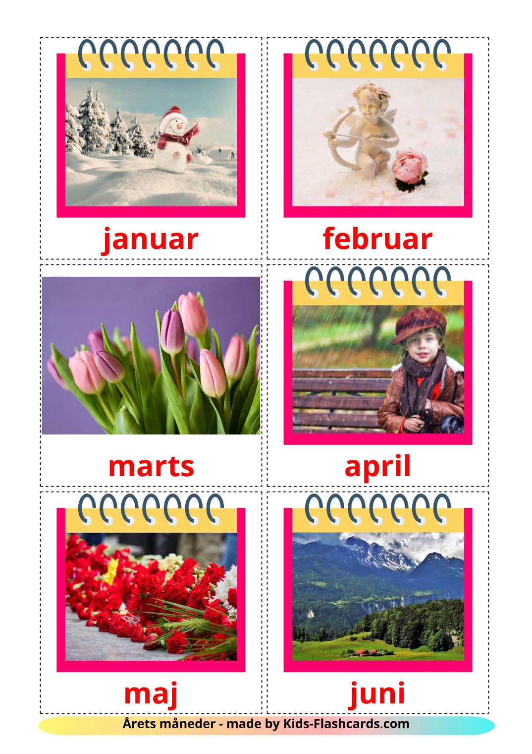 Months of the Year - 12 Free Printable dansk Flashcards 