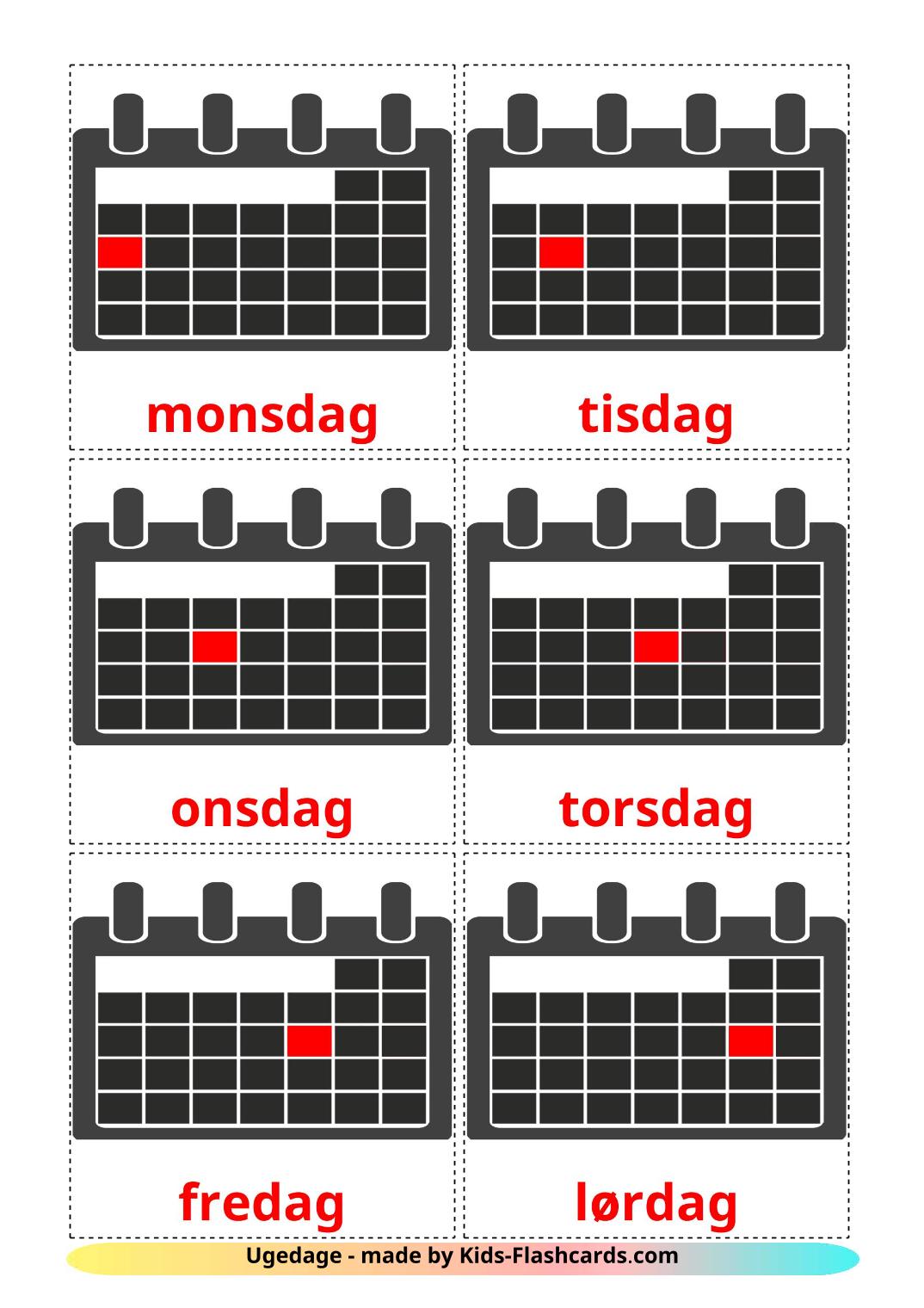 Giorni della settimana - 12 flashcards dansk stampabili gratuitamente