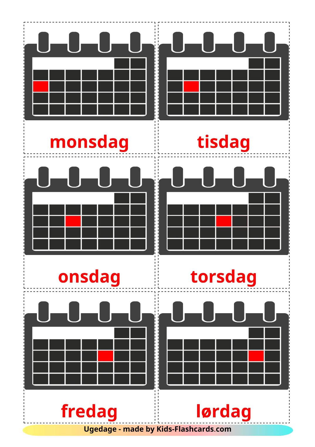 Days of Week - 13 Free Printable dansk Flashcards 