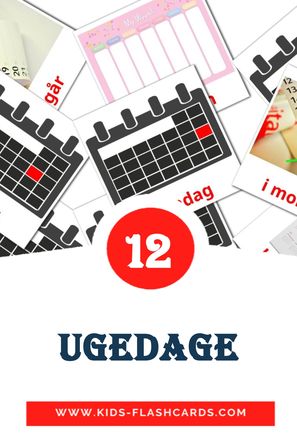 12 Ugedage Picture Cards for Kindergarden in dansk