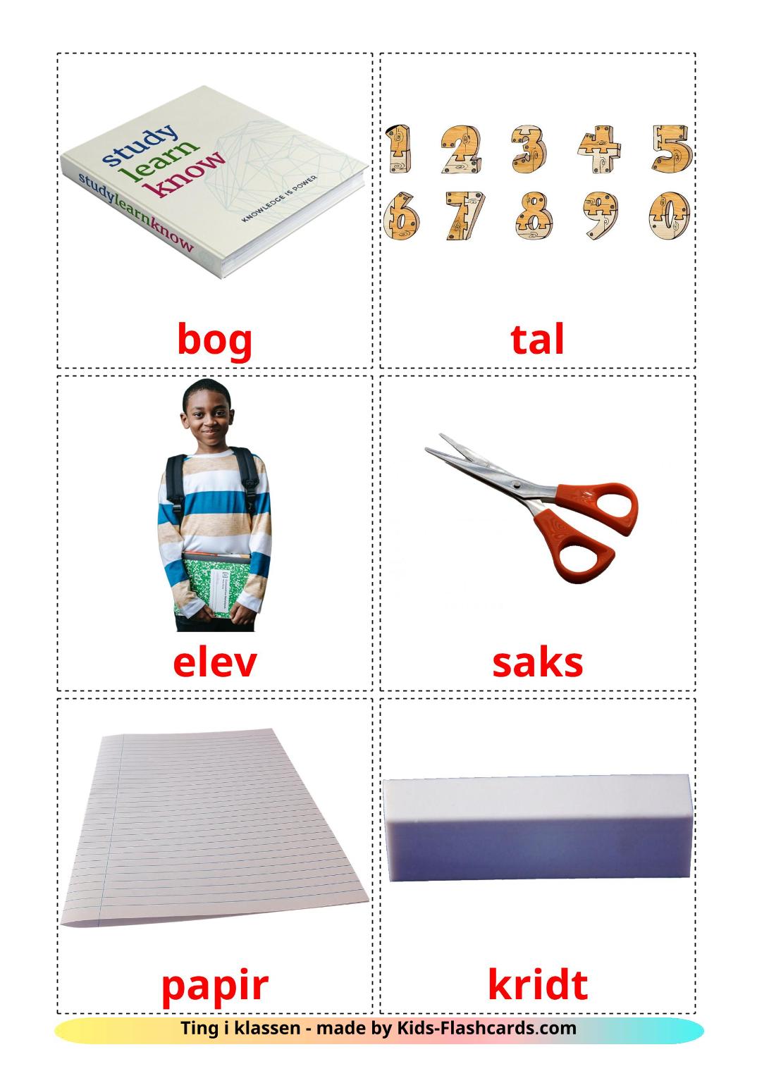 Classroom objects - 36 Free Printable dansk Flashcards 