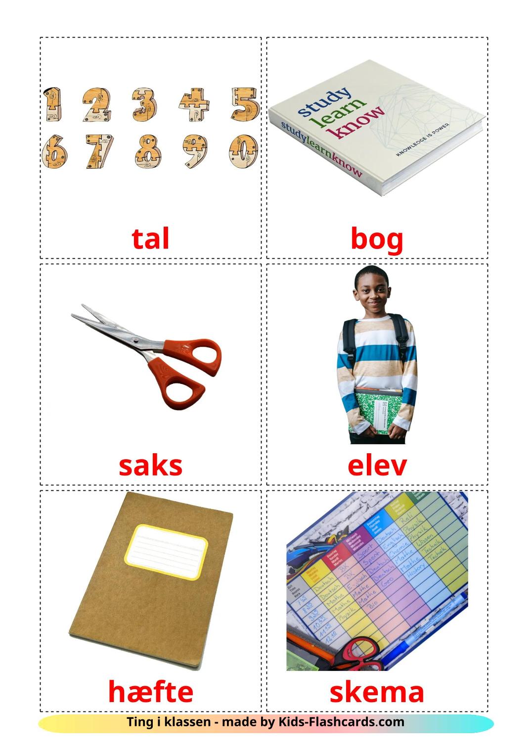 Objetos de sala de aula - 37 Flashcards danskes gratuitos para impressão