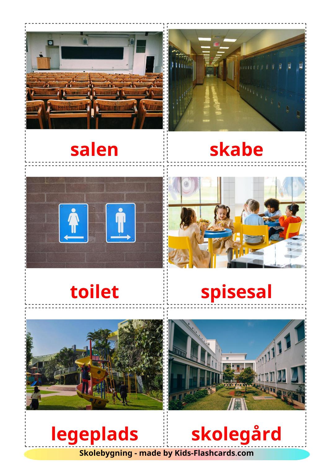 Schulgebäude - 17 kostenlose, druckbare Dansk Flashcards 