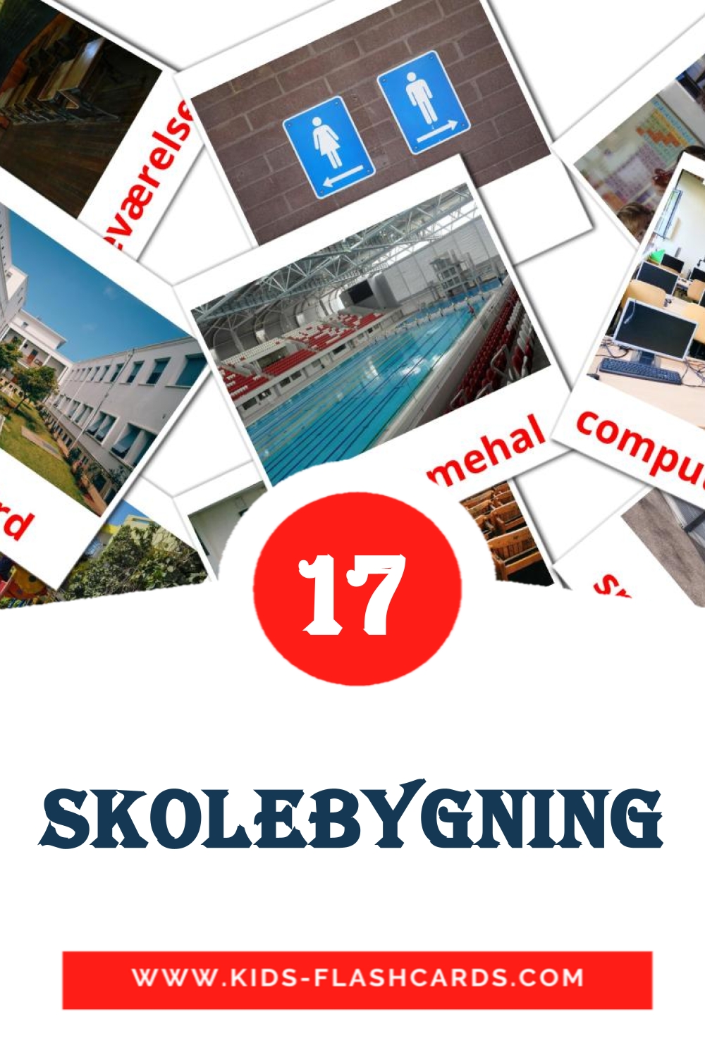 17 Skolebygning Bildkarten für den Kindergarten auf Dansk