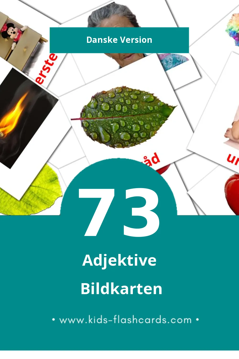 Visual Adjektiv (Tillægsord) Flashcards für Kleinkinder (73 Karten in Dansk)