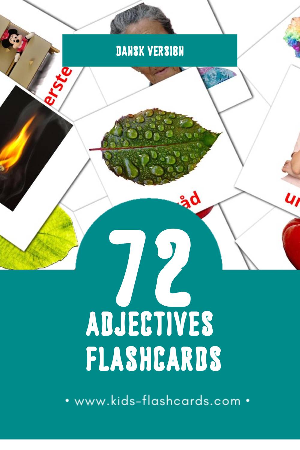 Visual Adjektiv (Tillægsord) Flashcards for Toddlers (72 cards in Dansk)