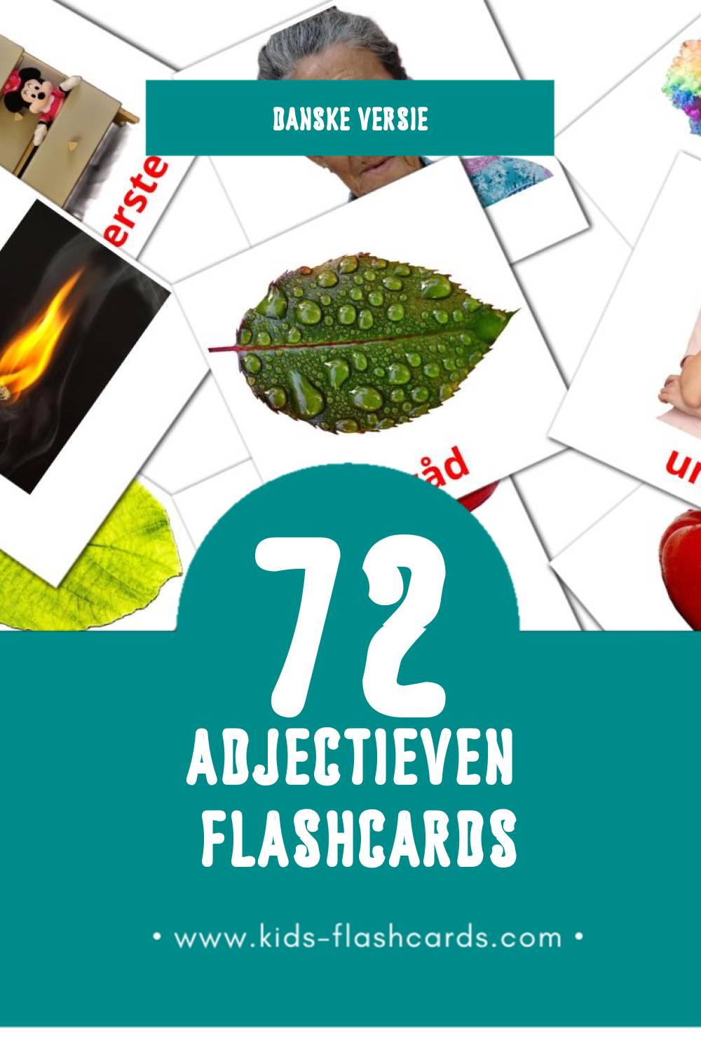 Visuele Adjektiv (Tillægsord) Flashcards voor Kleuters (72 kaarten in het Dansk)