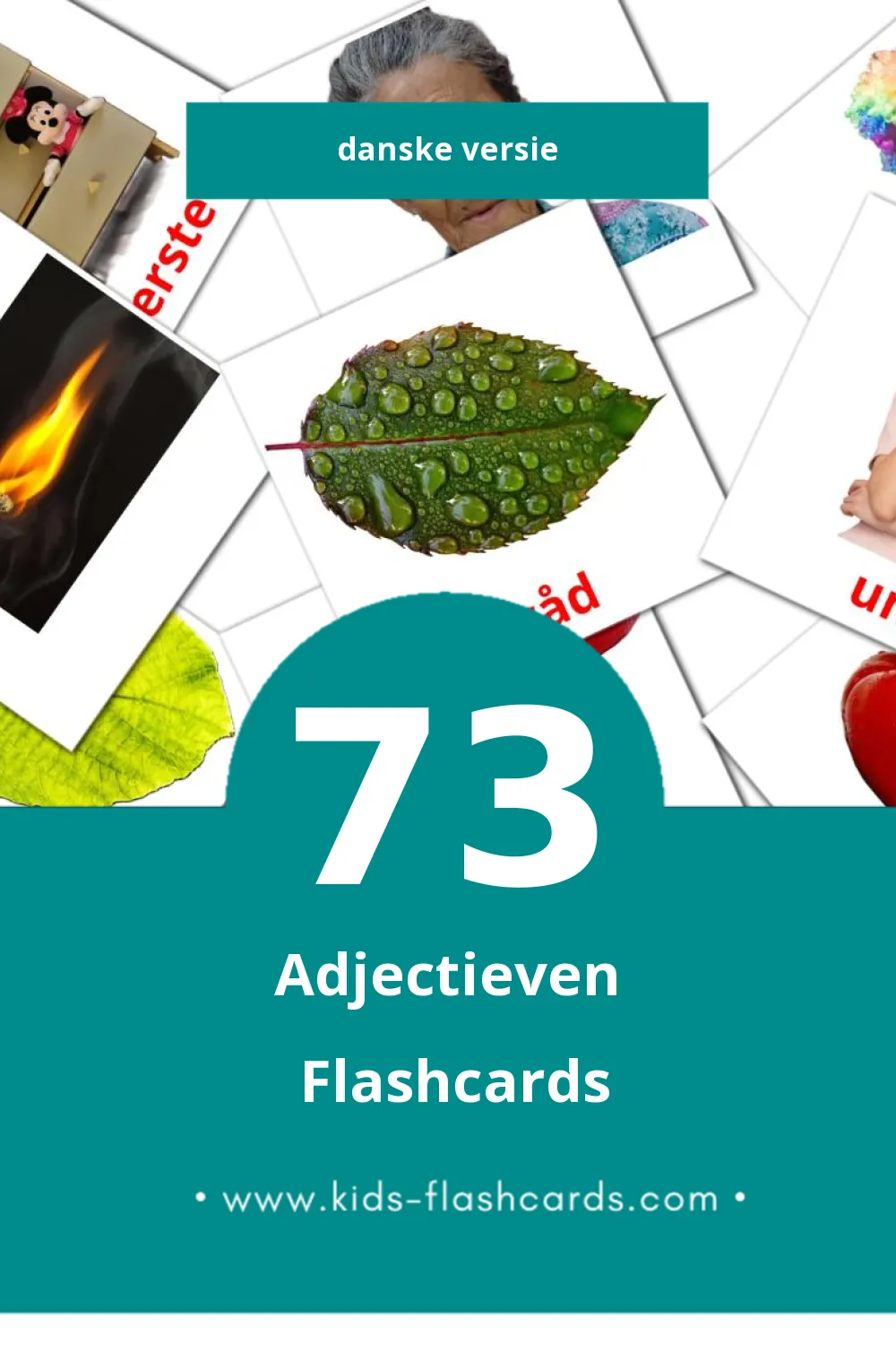 Visuele Adjektiv (Tillægsord) Flashcards voor Kleuters (73 kaarten in het Dansk)