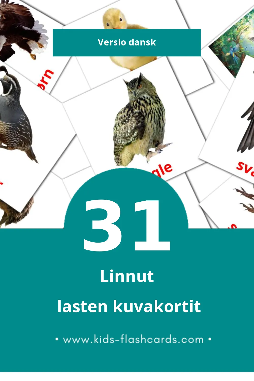 Fugle lasten kuvakortit pikkulapsille (31 korttia Danskksi)