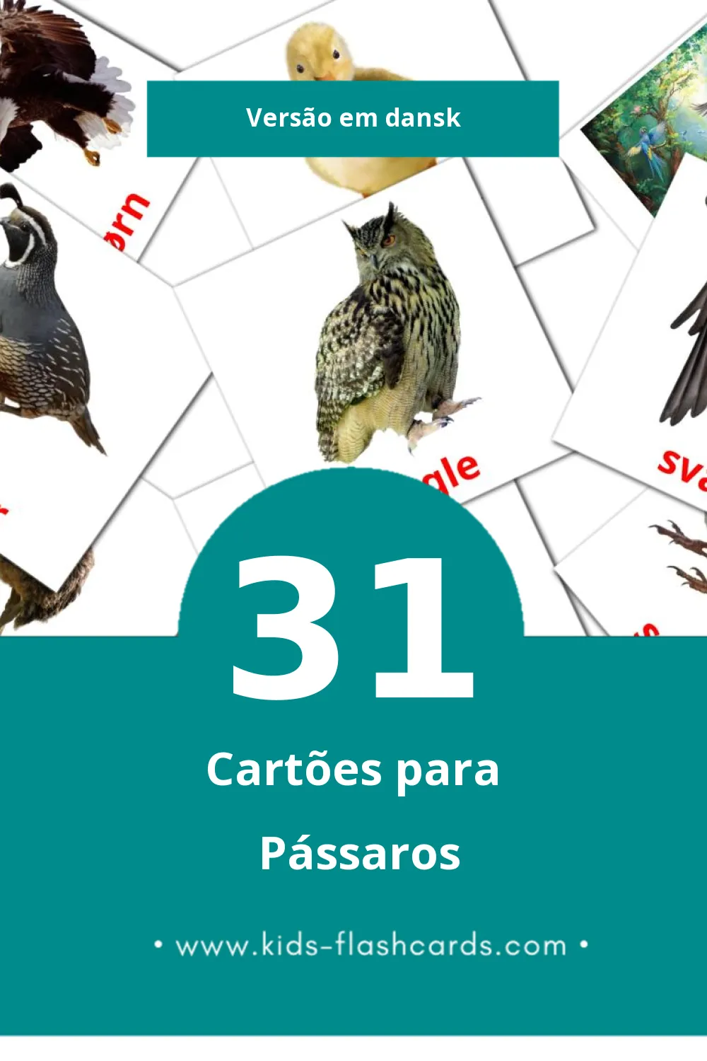 Flashcards de Fugle Visuais para Toddlers (31 cartões em Dansk)