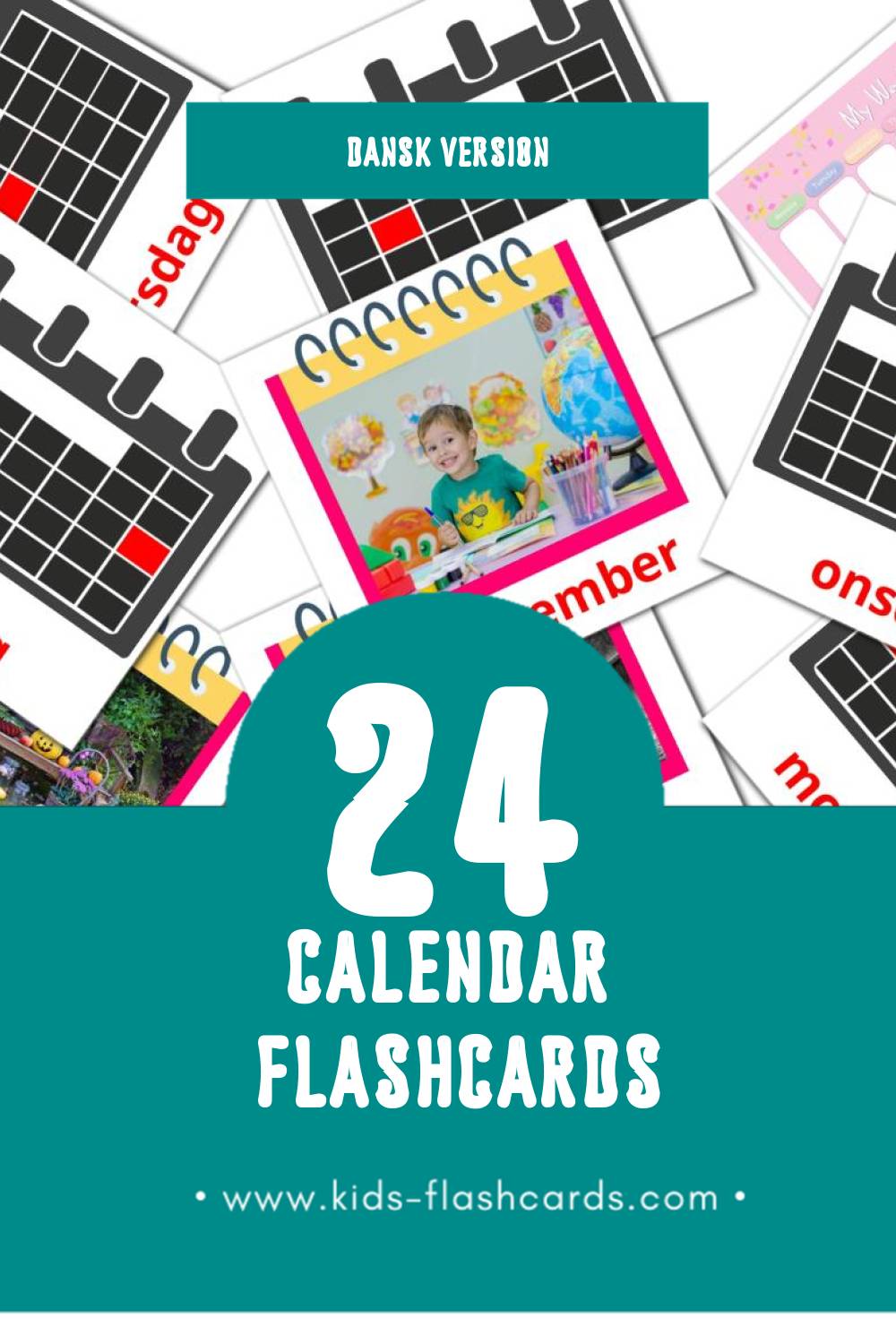 Visual Kalender Flashcards for Toddlers (24 cards in Dansk)