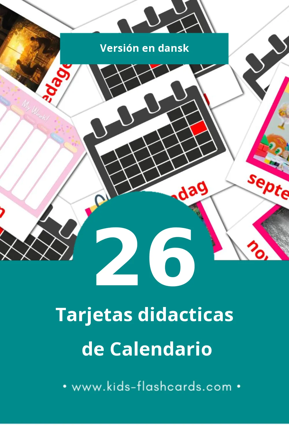 Tarjetas visuales de Kalender para niños pequeños (26 tarjetas en Dansk)