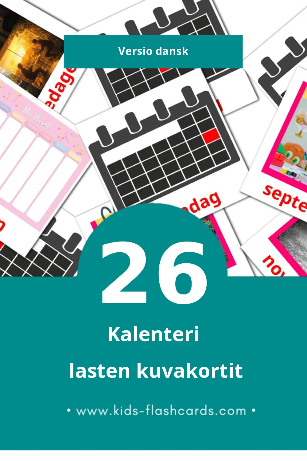 Kalender lasten kuvakortit pikkulapsille (26 korttia Danskksi)