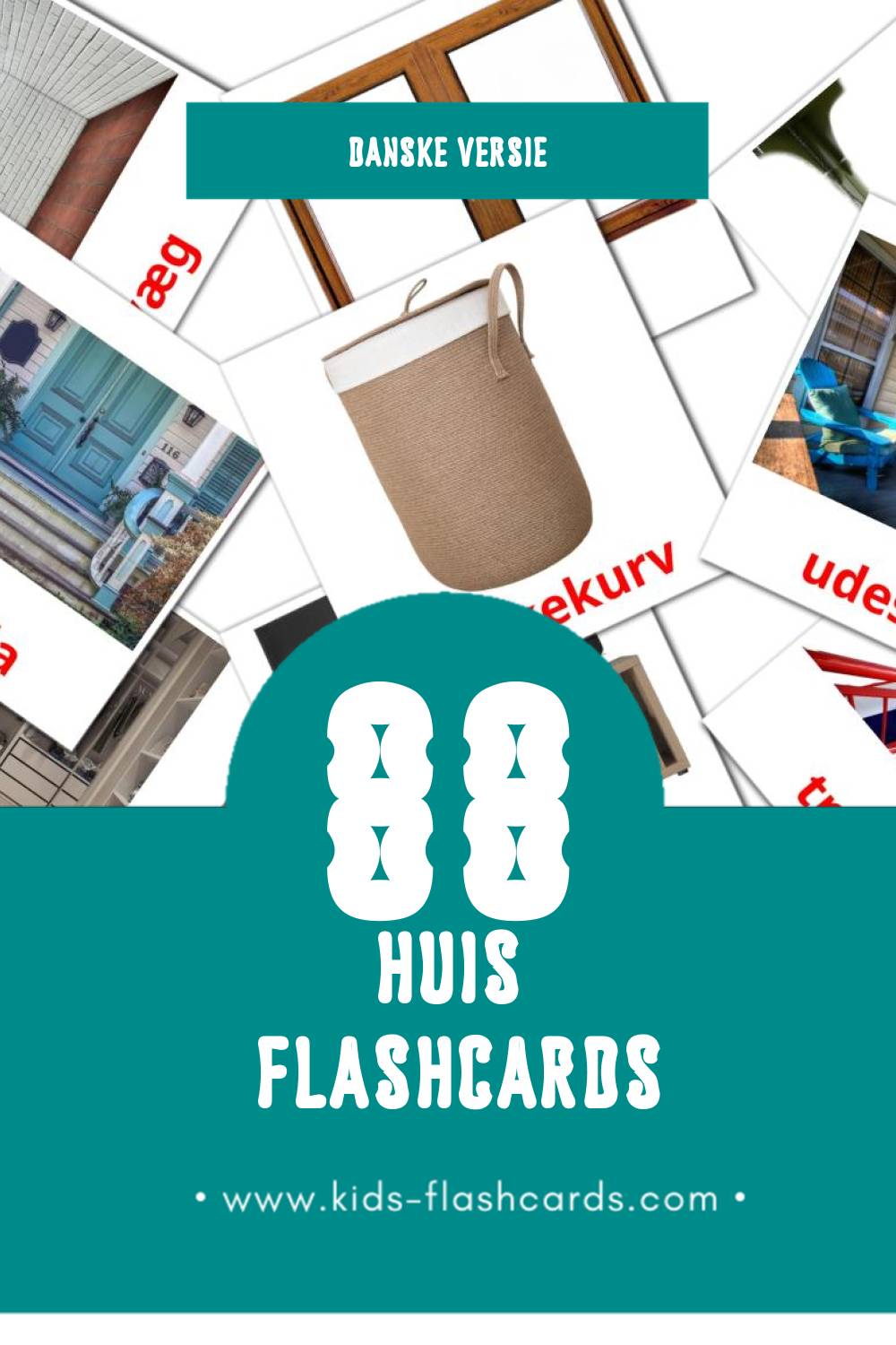 Visuele hjem Flashcards voor Kleuters (88 kaarten in het Dansk)