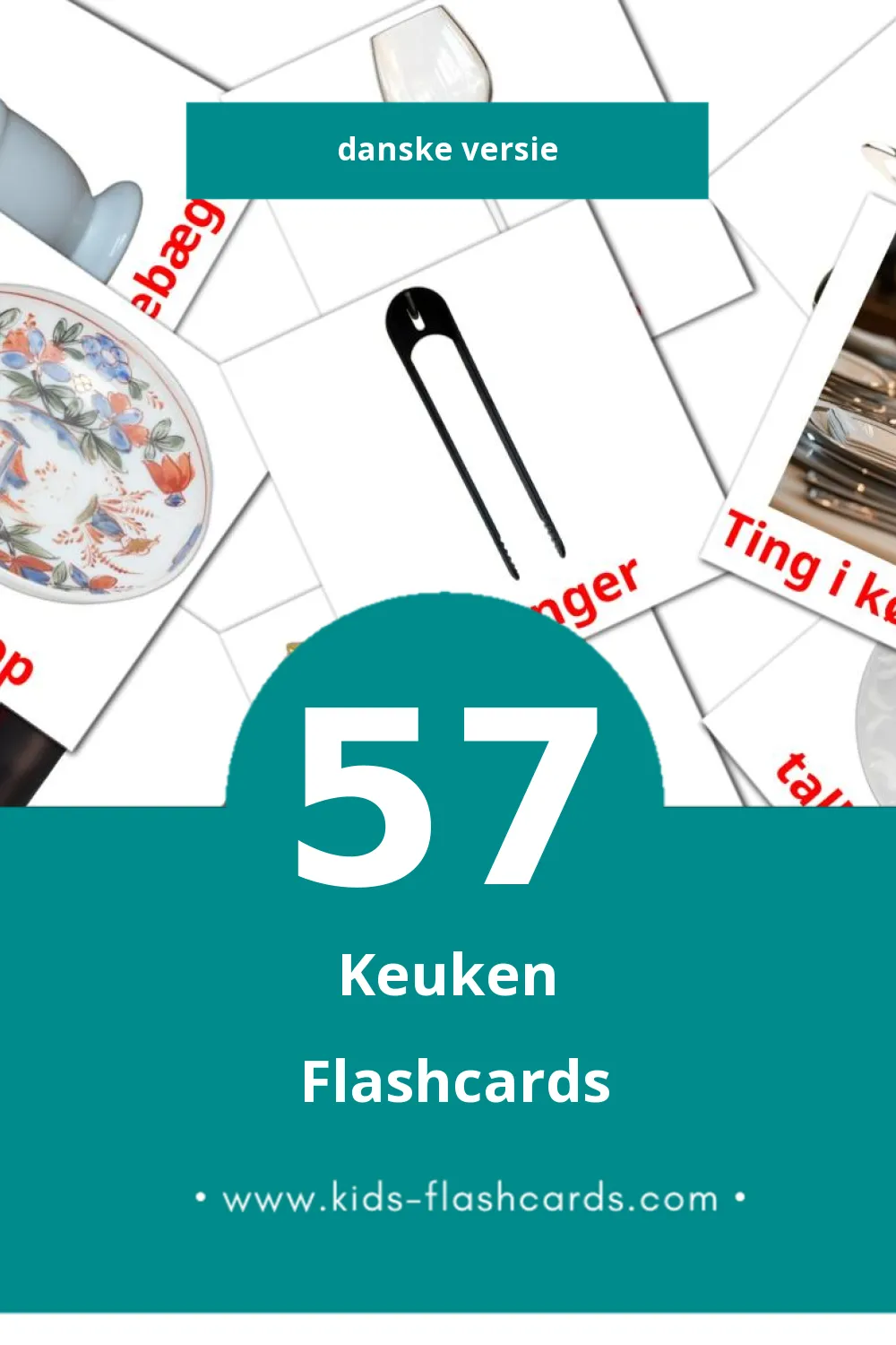 Visuele Køkken Flashcards voor Kleuters (57 kaarten in het Dansk)