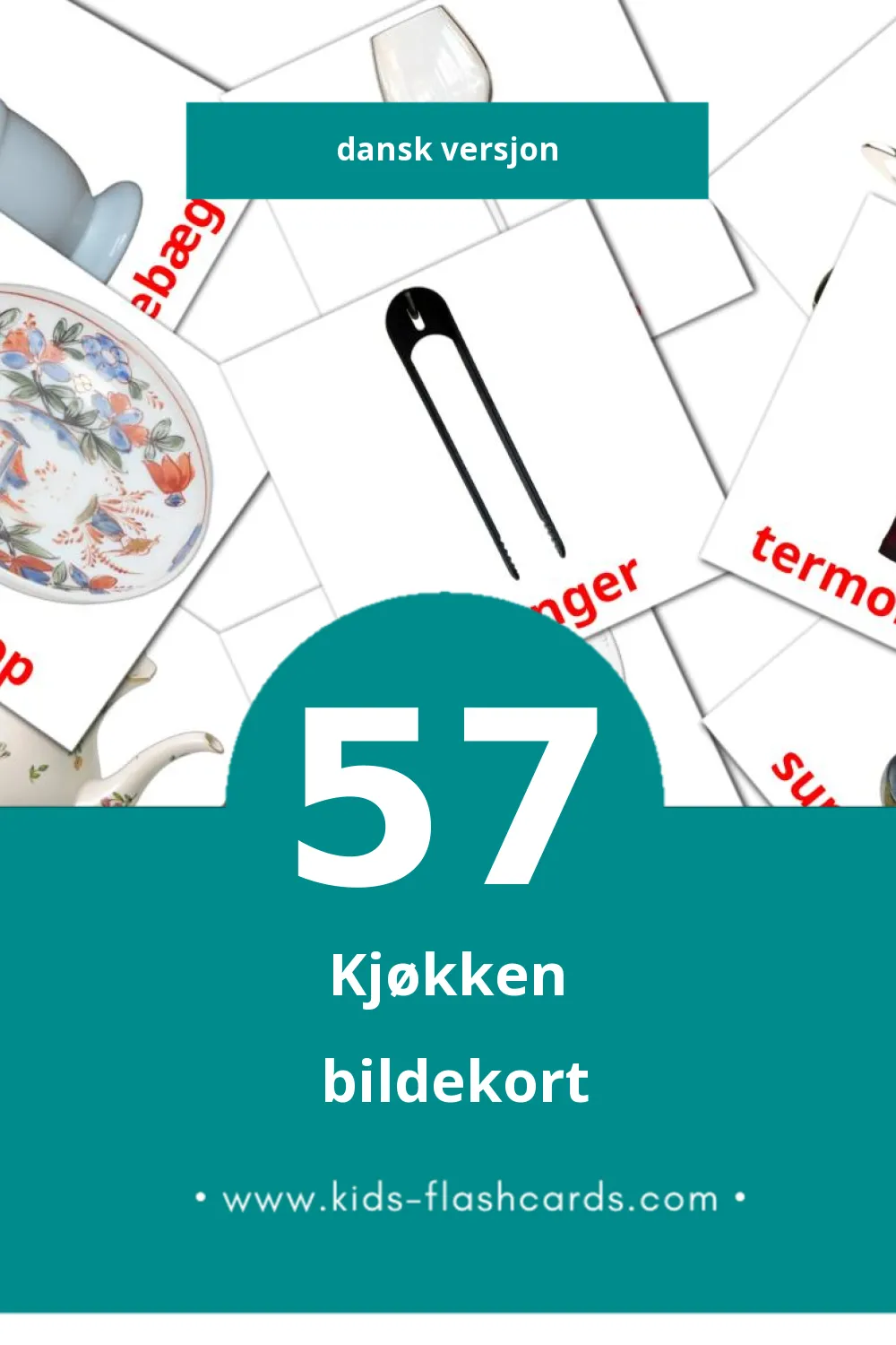 Visuelle Køkken bildekort for småbarn (57 kort på Dansk)