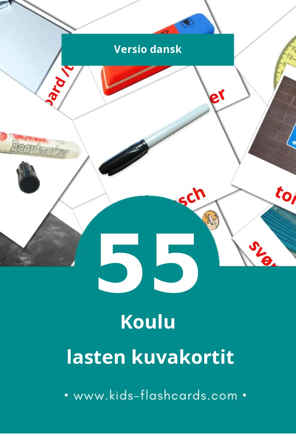 Skole lasten kuvakortit pikkulapsille (55 korttia Danskksi)