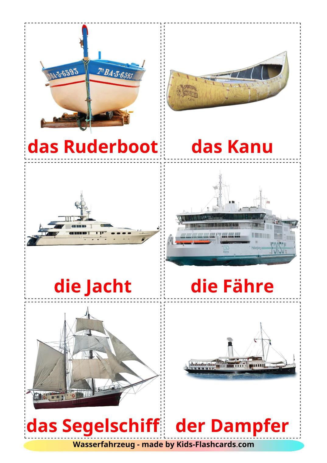 Véhicules Maritimes - 18 Flashcards allemand imprimables gratuitement